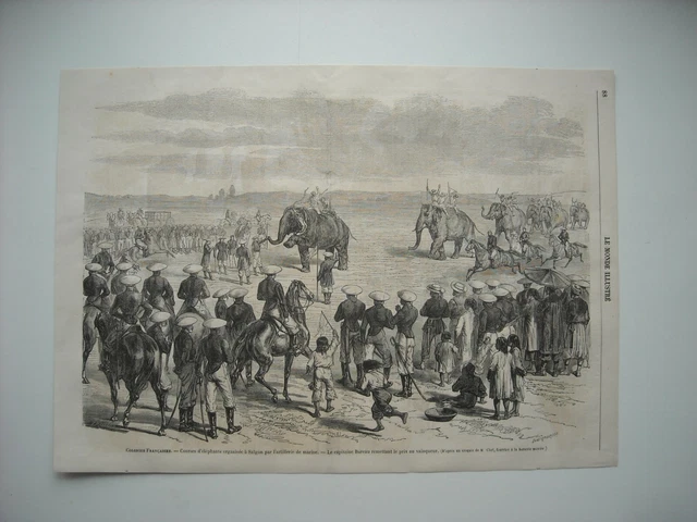 Gravure 1864. Expe Cochinchine. Courses D’elephants A Saïgon Par Artillerie Mari