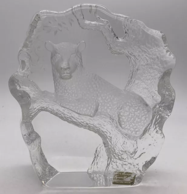 Signed MATS JONASSON Sweden 6.25” Full Lead Crystal Glass Paperweight Jaguar