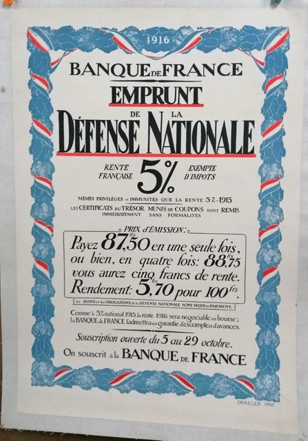 Affiche Ancienne  Emprunt De La Defense Nationale  Banque De France 1914/18