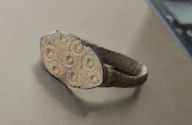 Antique Patterned medieval ring With Solar Symbols, Ancient artefact Kyevan Rus