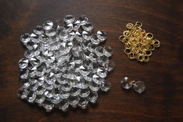 100 Kristall Octagons Stern 14mm + Ringe gold für Kronleuchter Lüster Chandelier