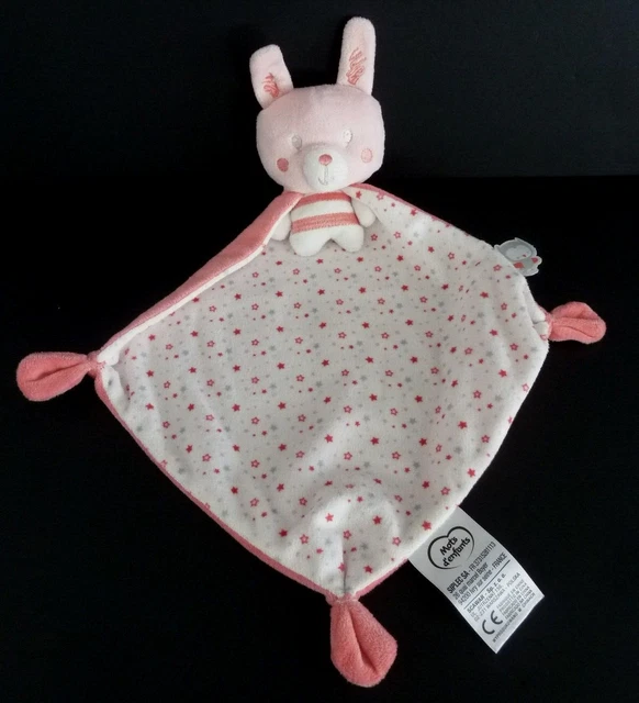18. DOUDOU PLAT MOTS D'ENFANTS LAPIN rose blanc gris cape étoile  ETAT NEUF *
