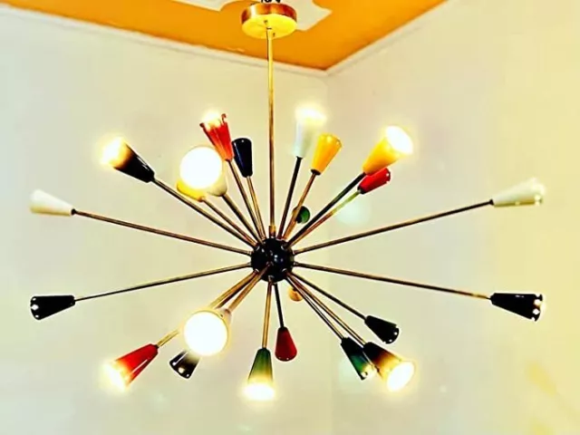 Iconic Chandelier 24 Multicolored Mid Century Style Brass Sputnik Cone Arms Deco