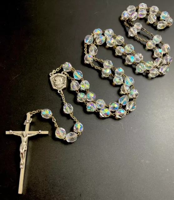 Crucifijo SilverTone AB 1962 Cristal Iridiscente 10 mm Rosario De Colección, Italia