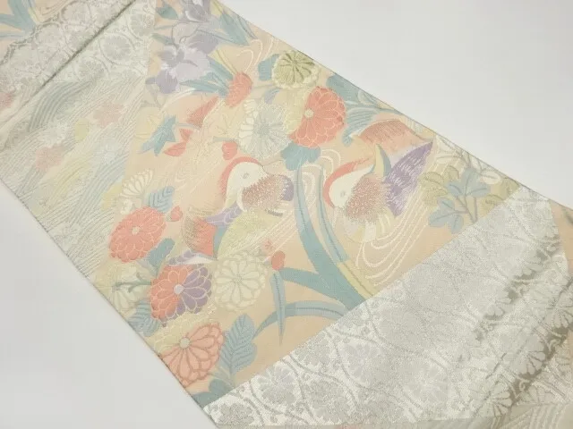 6030071: Japanese Kimono / Vintage Fukuro Obi / Woven Mandarin Ducks & Flowers