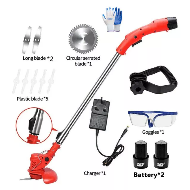 12V Electric Cordless Grass Trimmer Strimmer Garden Edger Cutter with 2 Battery