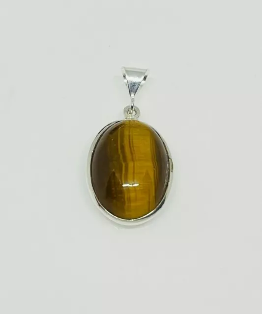 Gorgeous Sparkling Real Tigers Eye Stone Pendant 925 Solid Silver #17774