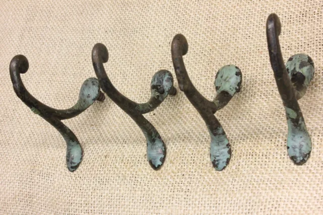 4 Old Single Coat Hooks School Farmhouse Blue Cast Iron Vintage 1850’s Screw in