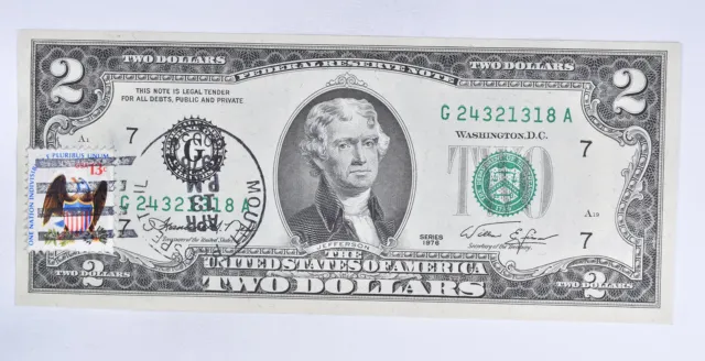 First Day Issue 1976 $2 Federal Reserve Note - Stamped! *503