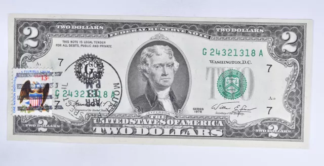 First Day Issue 1976 $2 Federal Reserve Note - Stamped! *503