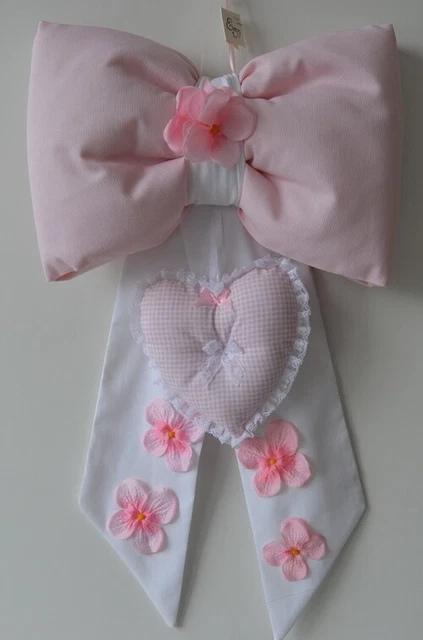 Fiocco Per La Nascita Colore Rosa Con Cuori In Cotone Piquet Art Noemi