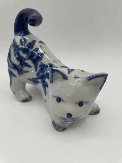 Ceramic Cat Kitten White Cobalt Blue Floral Playful 5” X 6” Vtg