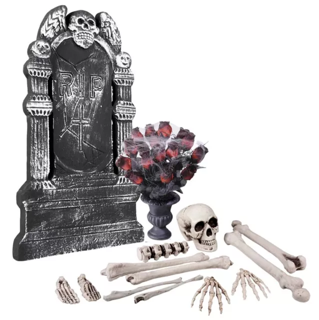 Halloween Deko Grab Dekopaket Grabstein mit Vase & Skelett Horror Halloweendeko