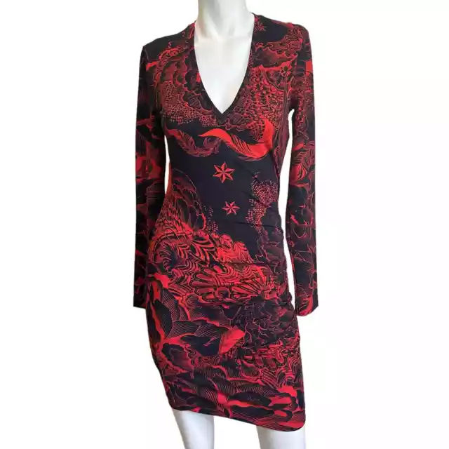 Just Cavalli Red & Black Asian Themed Ruched Bodycon Mini Dress sz 40=4