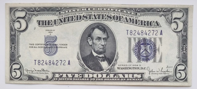 1934 D Five Dollar Silver Certificate Blue Seal Note $5 Bill Higher Grade #65511