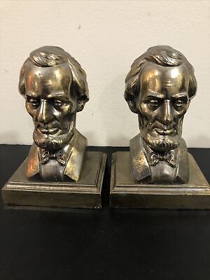 Vintage Pair Abe Lincoln Heavy Cast Iron Metal Bookends Gold/Bronze Toned