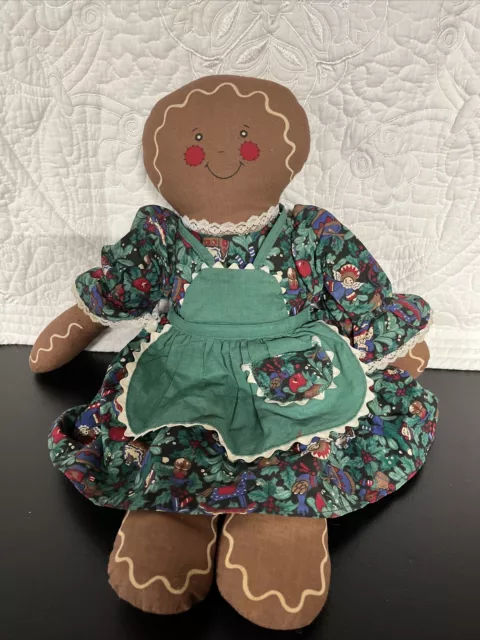Gingerbread girl plush rag doll green print holly berry dress probably handmade