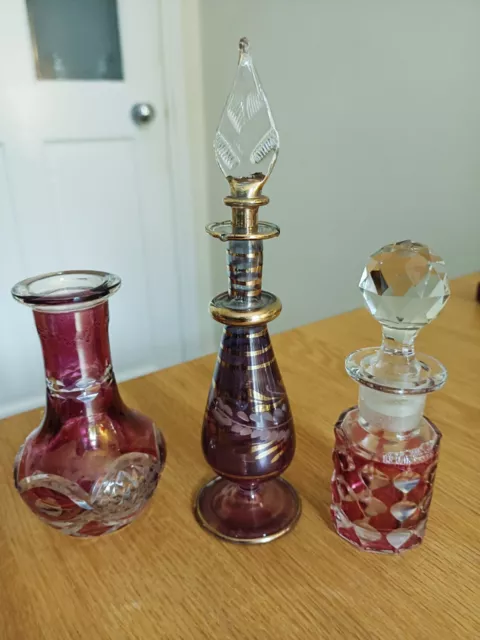 3 X Vintage Cranberry Ruby Cut to Clear Glass Perfume Bottles