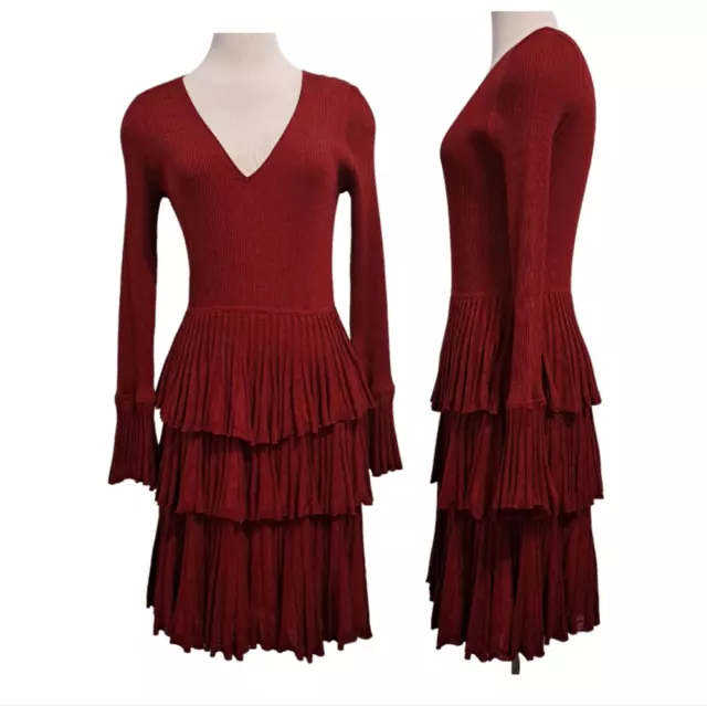 Diane Von Furstenberg DVF Sharlynn Long Sleeve Tiered Ribbed Knit Dress Med Red