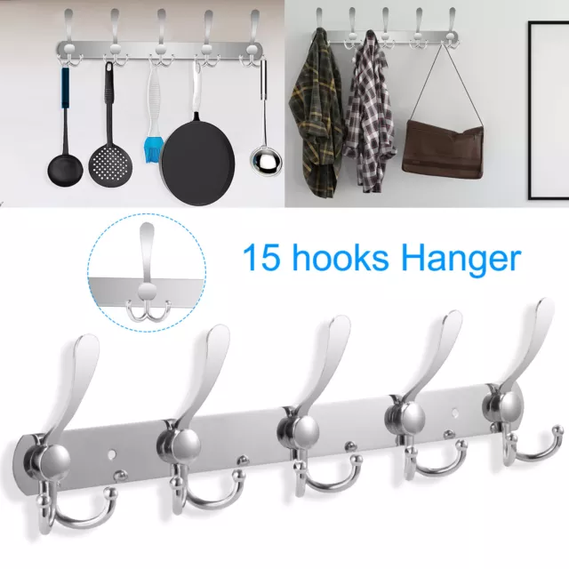 15 Hooks Coat Robe Hat Clothes Rack Wall Mount Hanger Stainless Steel Towel Rack