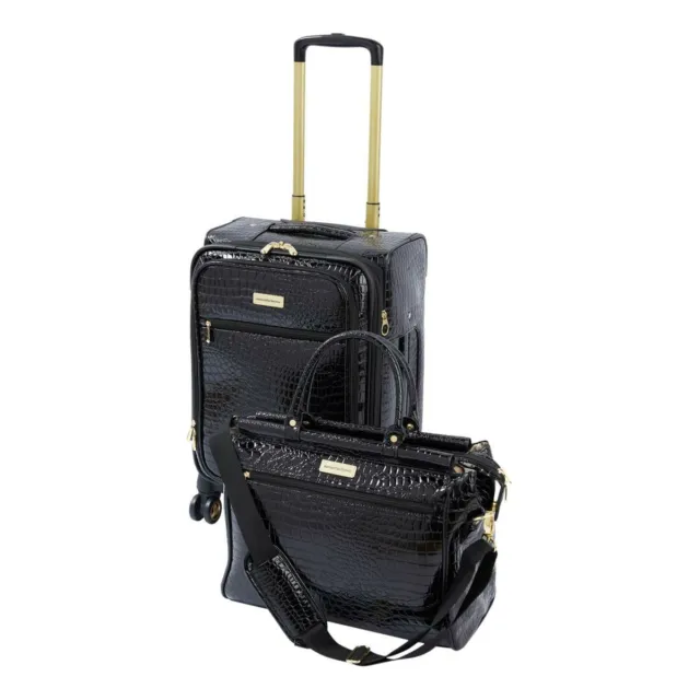Samantha Brown Luggage Croco Embossed 22" Upright Spinner + Dowel Bag Black