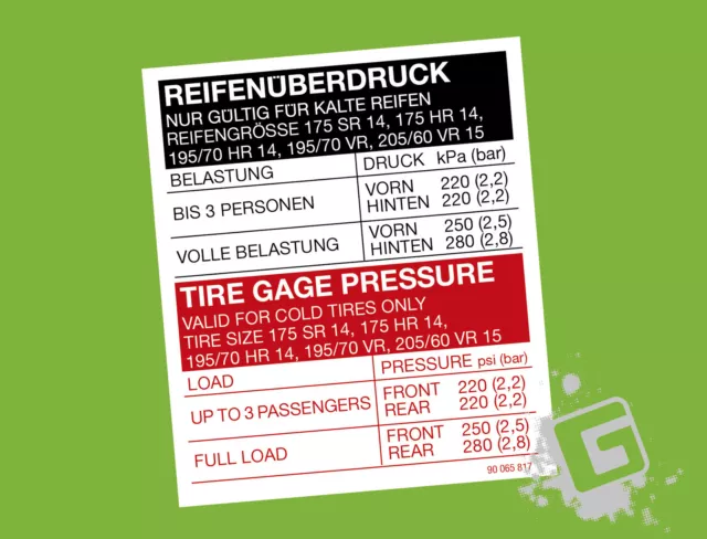 OPEL Manta B GSI GT/E Reifenüberdruck Reifendruck Aufkleber 205/60 VR 15 & mehr