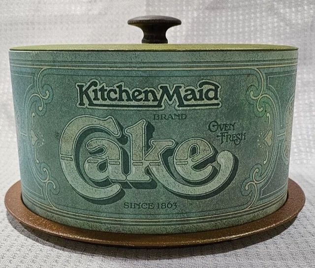 RARE BLUE VINTAGE Ballonoff Kitchen Maid Tin Cake Box Round Dome Holder