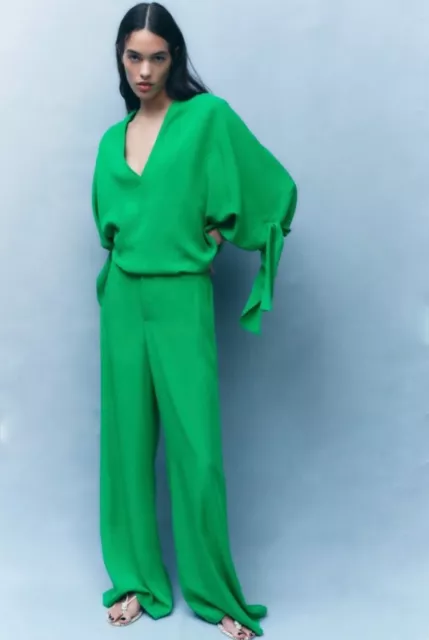 BNWT Zara Green Flowing Blouse With Ties & Wide Leg Trousers Co Ord Set Size L