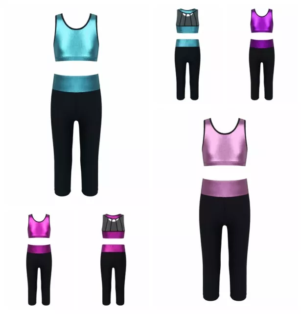 Set pantaloni lunghi tuta fitness bambine crop top ginnastica body abbigliamento da ballo