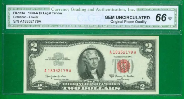 $2 1963-A 1 A/A Block Red Seal United States Note Gem Uncirculated Opq 66