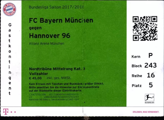 3234 Biglietto Bl 2017/18 FC Bayern München - Hannover 96,02.12.2017