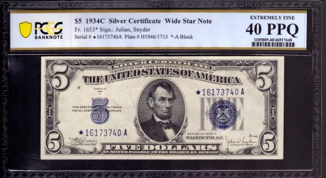 1934 C $5 Silver Certificate Star Note Fr.1653* Wide Pcgs B Xf Ef 40 Ppq