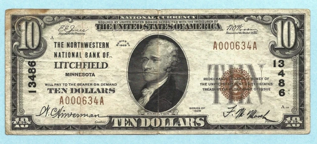 $10 National Currency 1929 T1 - Ch#13486 - Northwestern NB, Litchfield, MN - VF+
