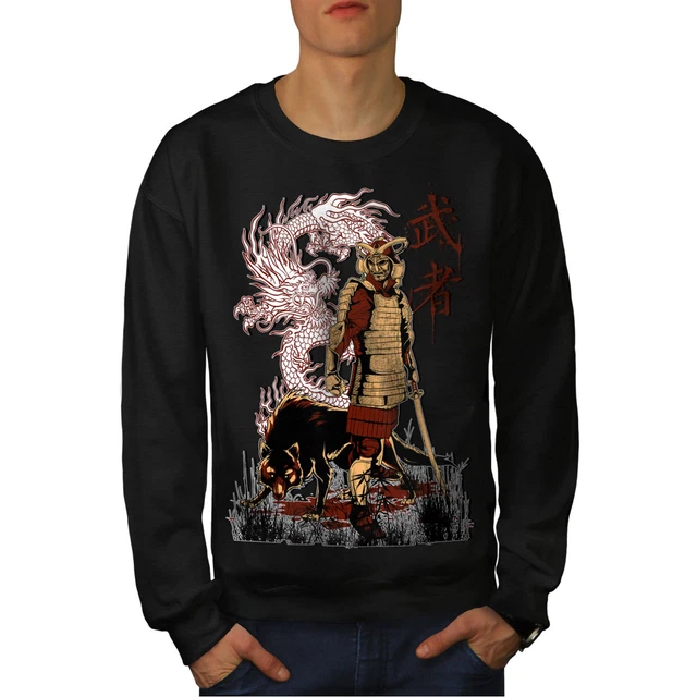 Wellcoda Japan Dragon Wolf Mens Sweatshirt, Katana Casual Pullover Jumper