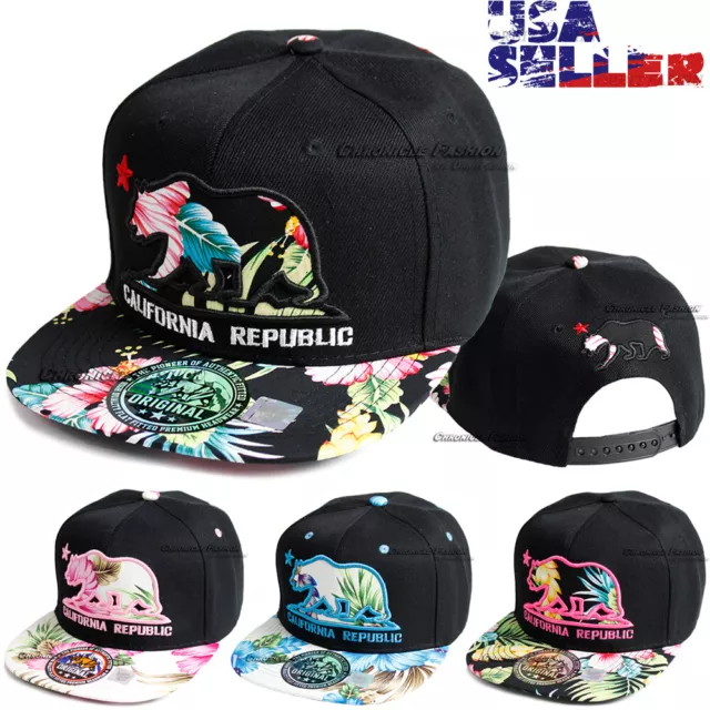 California Republic Baseball Cap Cali Bear Snapback Hat Hawaiian Flat Visor Men