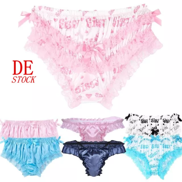 DE Herren Sissy Höschen Satin Rüschen Spitze Slips Glänzende Dessous Unterwäsche