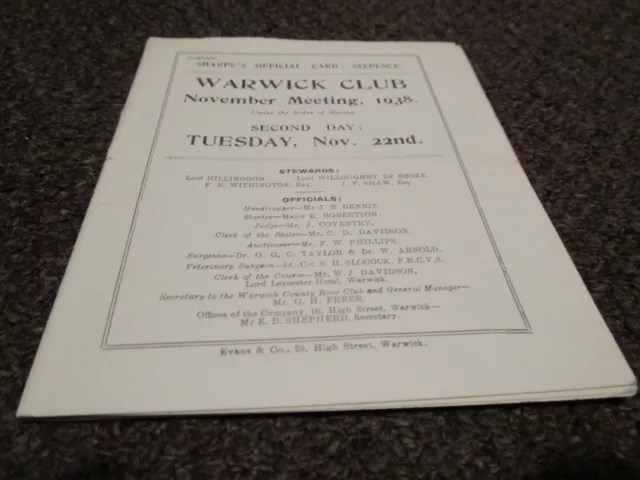 HORSE RACING PROGRAMME / CARD : WARWICK CLUB 1938 NOVEMBER 22nd **SCARCE**