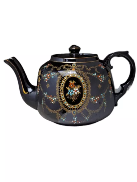 Vintage Gibson Clifton Black Teapot/ Lid~Gold Trim~Beaded~Hand Painted~ England