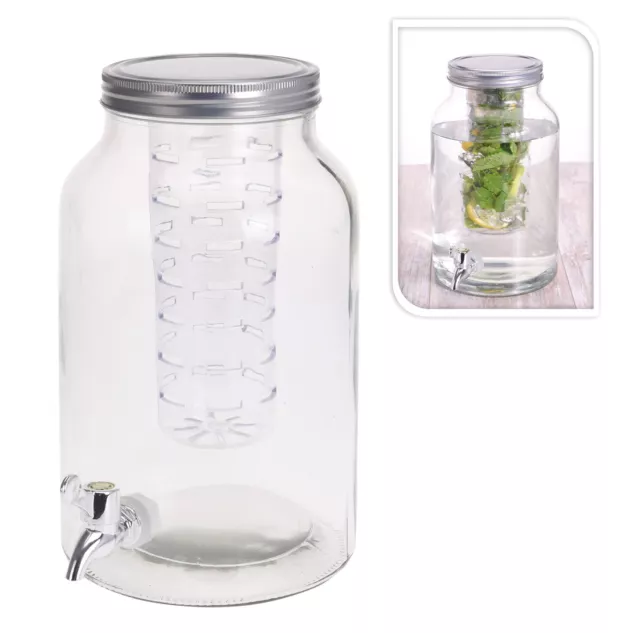 4 Litre Glass Beverage Drink Dispenser With Tap Lid & Infuser Juice Cocktail B