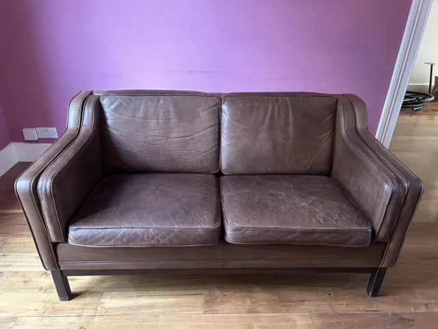 Mid-century modern Danish 2 seater brown/tan leather sofa