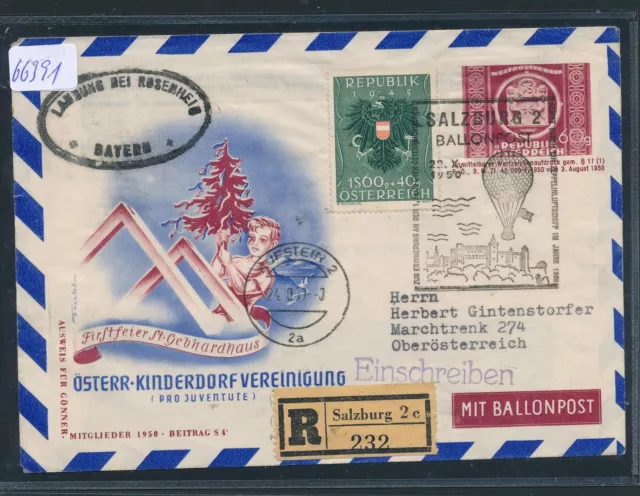66391) Österreich Ballonpost RBF 5 Salzburg 1950, GAU UPU, Reco-Aufl. Zusatz!