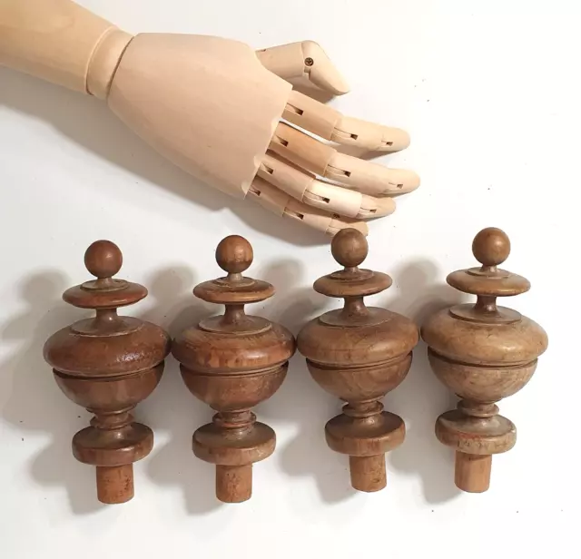 Post finial set of 4 Antique french Turned wood toppers - Architectural salvage