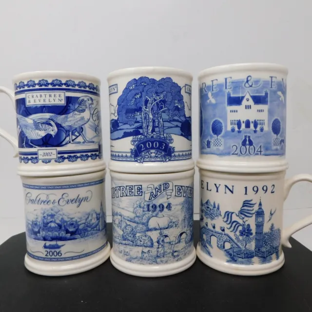 Lot of 6 Masons Crabtree & Evelyn Annual Blue White Coffee Mugs