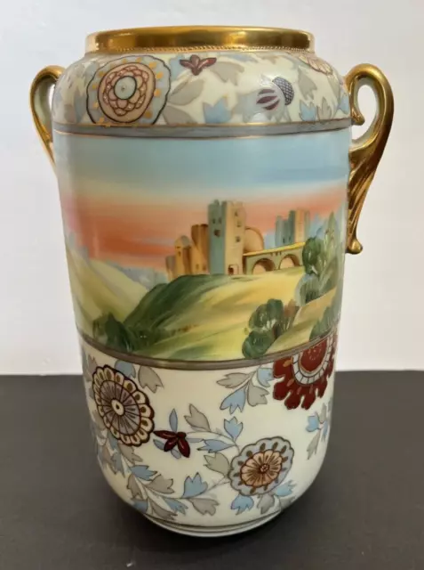 Vintage Nippon Vase/Urn, Castle Scene with Botanicals Hand Painted