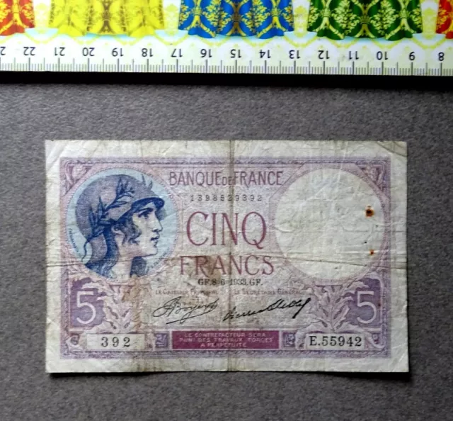 (FR), Billet de Banque ,  5 Francs , Année : 1933.
