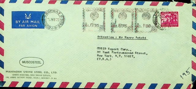 ? Indischem 1972 Meter Frankierte Luftpost Abdeckung W/5ps Von Bombay - New York