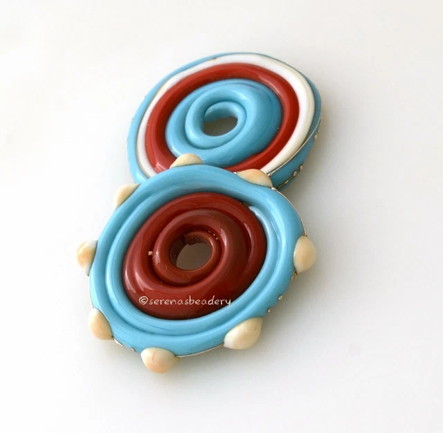 Southwest Disks Lampwork Glass Beads - Handmade - turquoise ivory red#1893