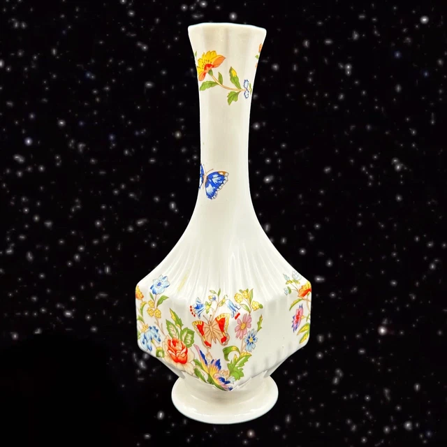 AYNSLEY BONE CHINA Cottage Garden Butterfly Bud Vase England Porcelain 7”T 2