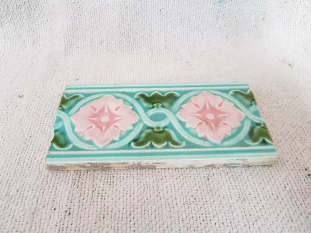 1940s Vintage Embossed Flowers Majolica Art Nouveau Architecture Tile England