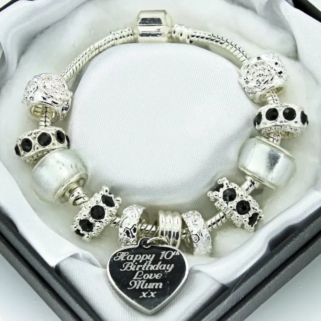Personalised Birthday Gifts Womens Girls Black Clear Bracelet FREE Engraving